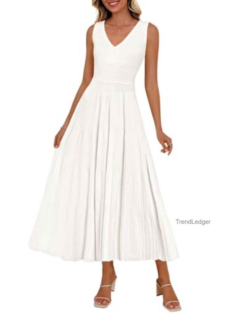 Women's V Neck Pleated Midi Dress A-Line Sleeveless Summer Cocktail